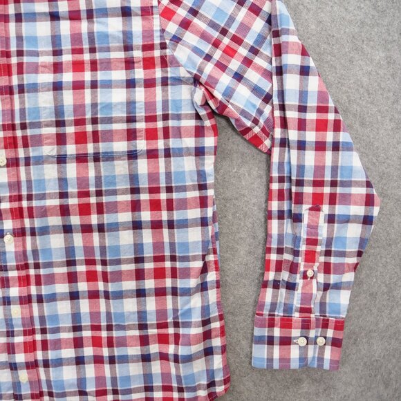 Banana Republic Shirt Mens Large Red Blue Button Up Plaid Long Sleeve Chambray - Picture 2 of 14